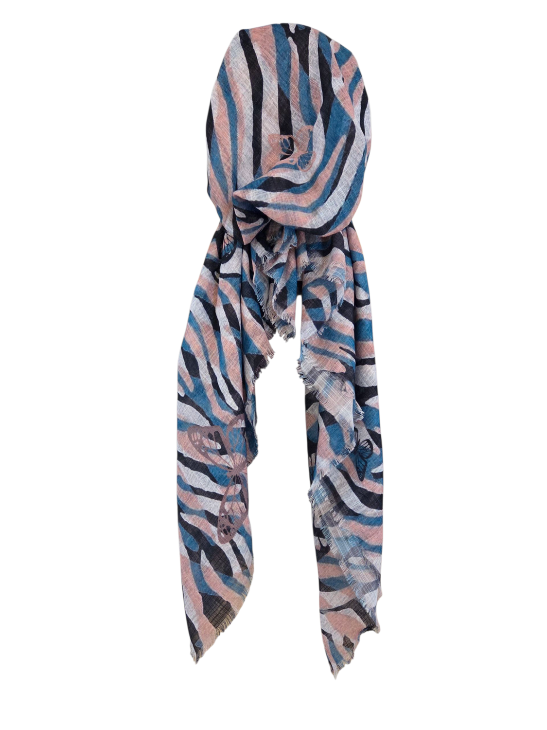 Denim - waves &amp; butterfly patterned - soft fringes pretied tichel