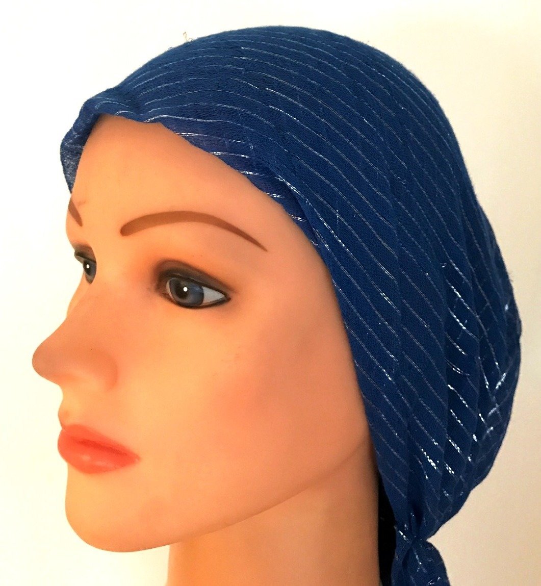 Bright blue lurex pre tied tichel