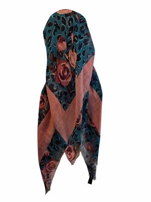 Teal leopard w/flowers - long kerchief back - soft fringes pretied tichel (BBS) w/band sewn in