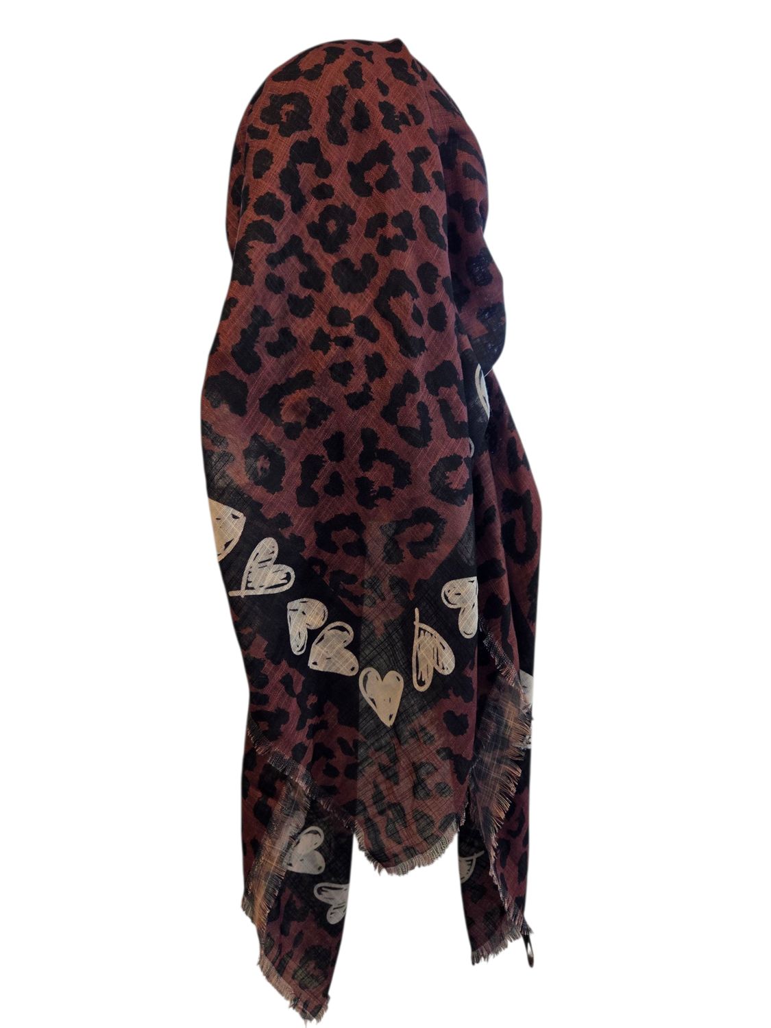 Brown leopard w/hearts - long kerchief back - soft fringes pretied tichel (BBS) w/band sewn in