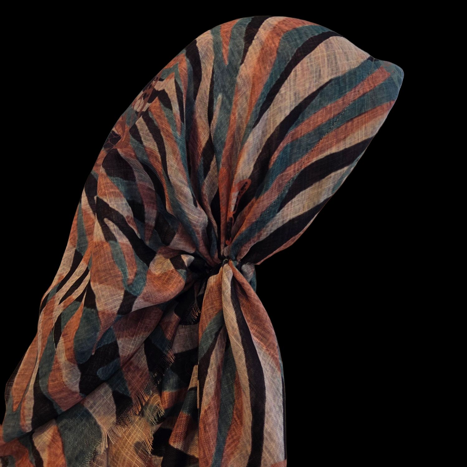 Sea green/black - long kerchief back - soft fringes pretied tichel (BBS) w/band sewn in