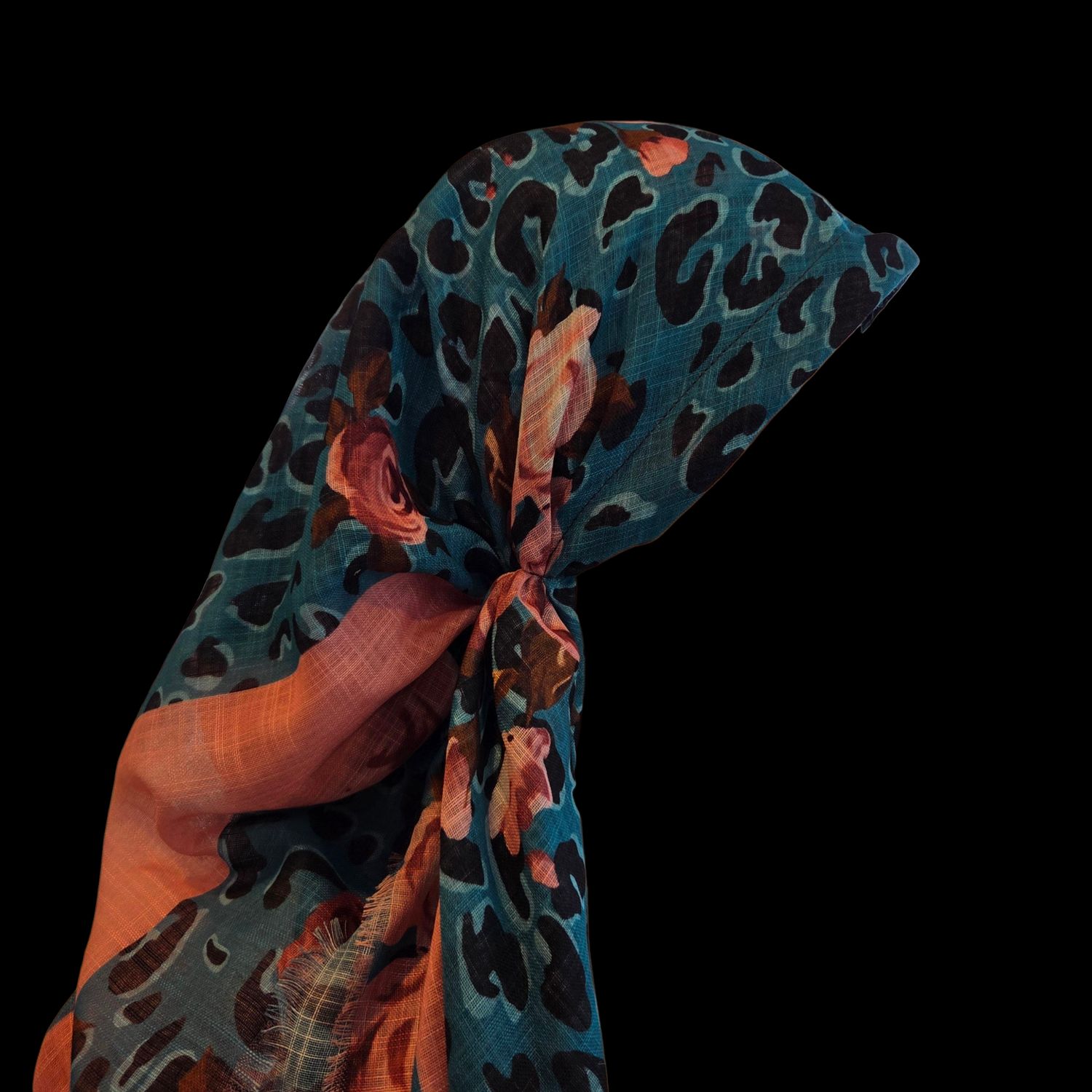 Teal leopard w/flowers - long kerchief back - soft fringes pretied tichel (BBS) w/band sewn in