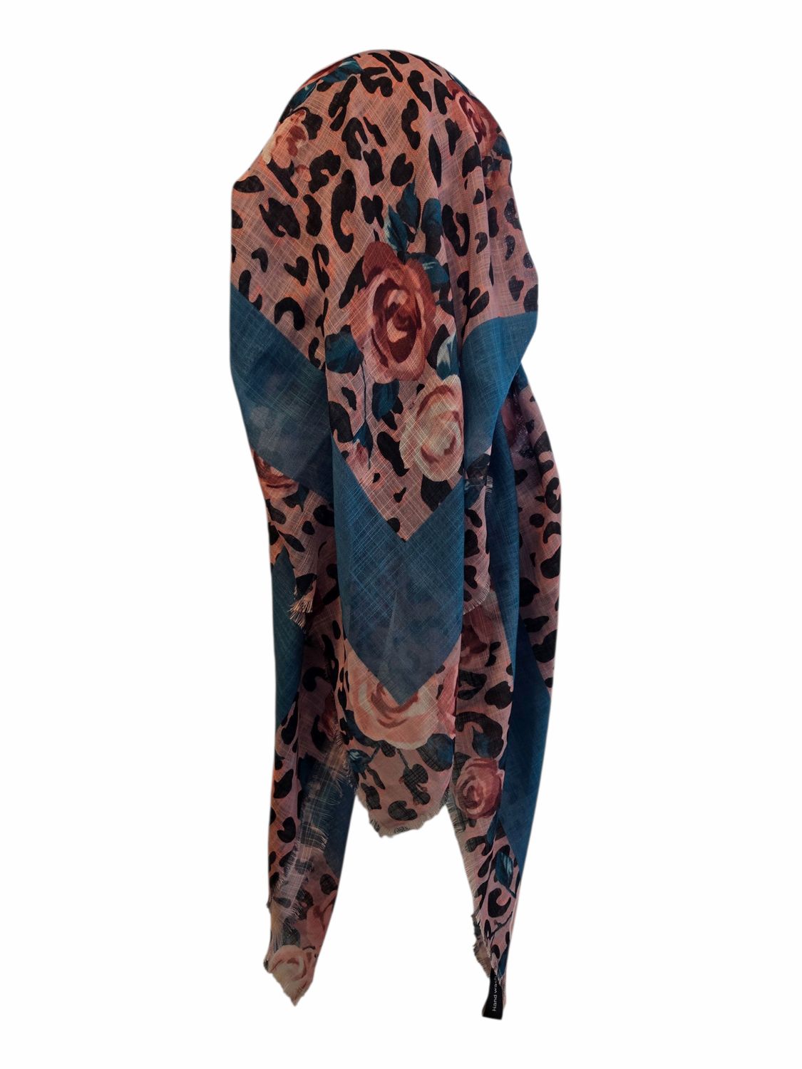 Light pink leopard w/flowers - long kerchief back - soft fringes pretied tichel (BBS) w/band sewn in