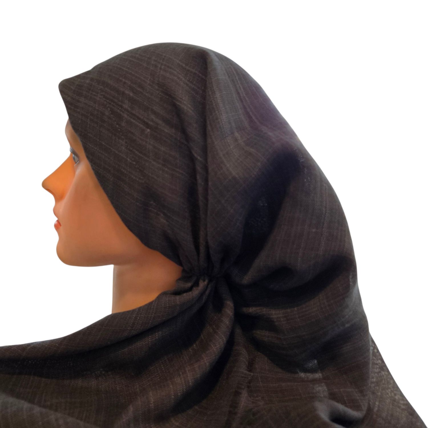 Dark gray solid - long kerchief back - soft fringes pretied tichel (BBS) w/band sewn in