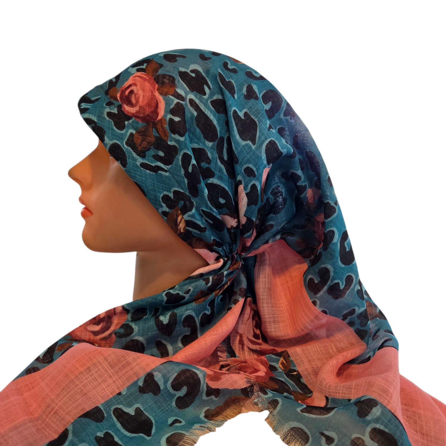 Teal leopard w/flowers - long kerchief back - soft fringes pretied tichel (BBS) w/band sewn in