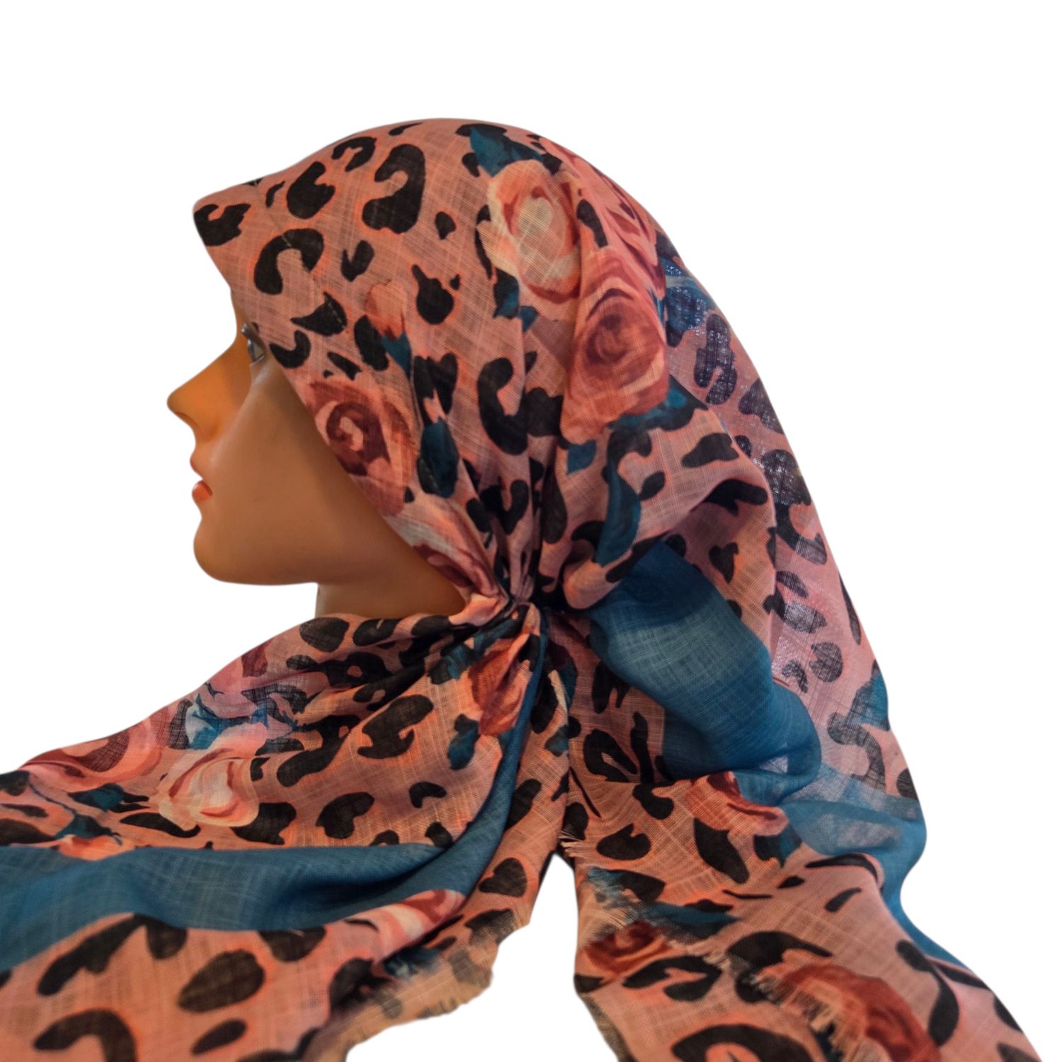 Light pink leopard w/flowers - long kerchief back - soft fringes pretied tichel (BBS) w/band sewn in