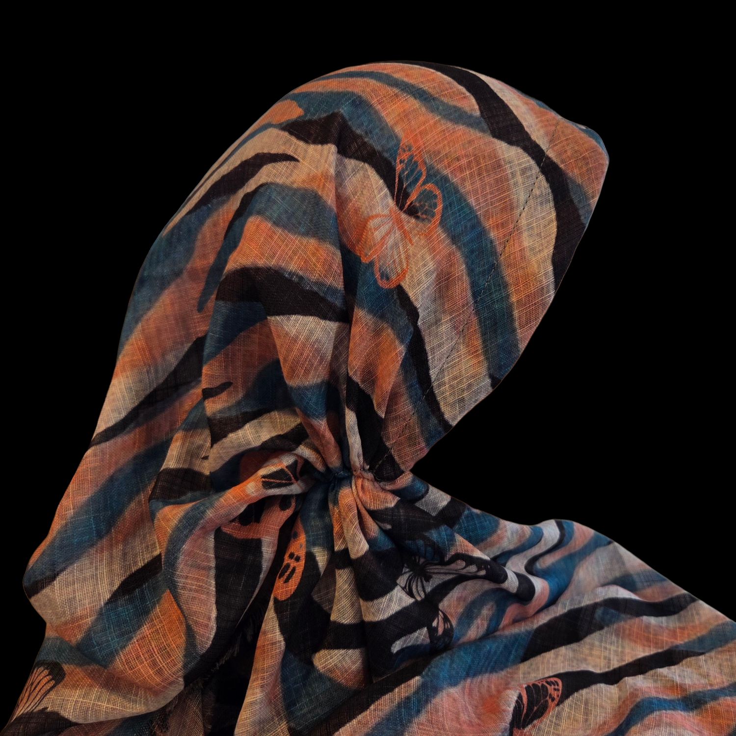 Denim/black - long kerchief back - soft fringes pretied tichel (BBS) w/band sewn in