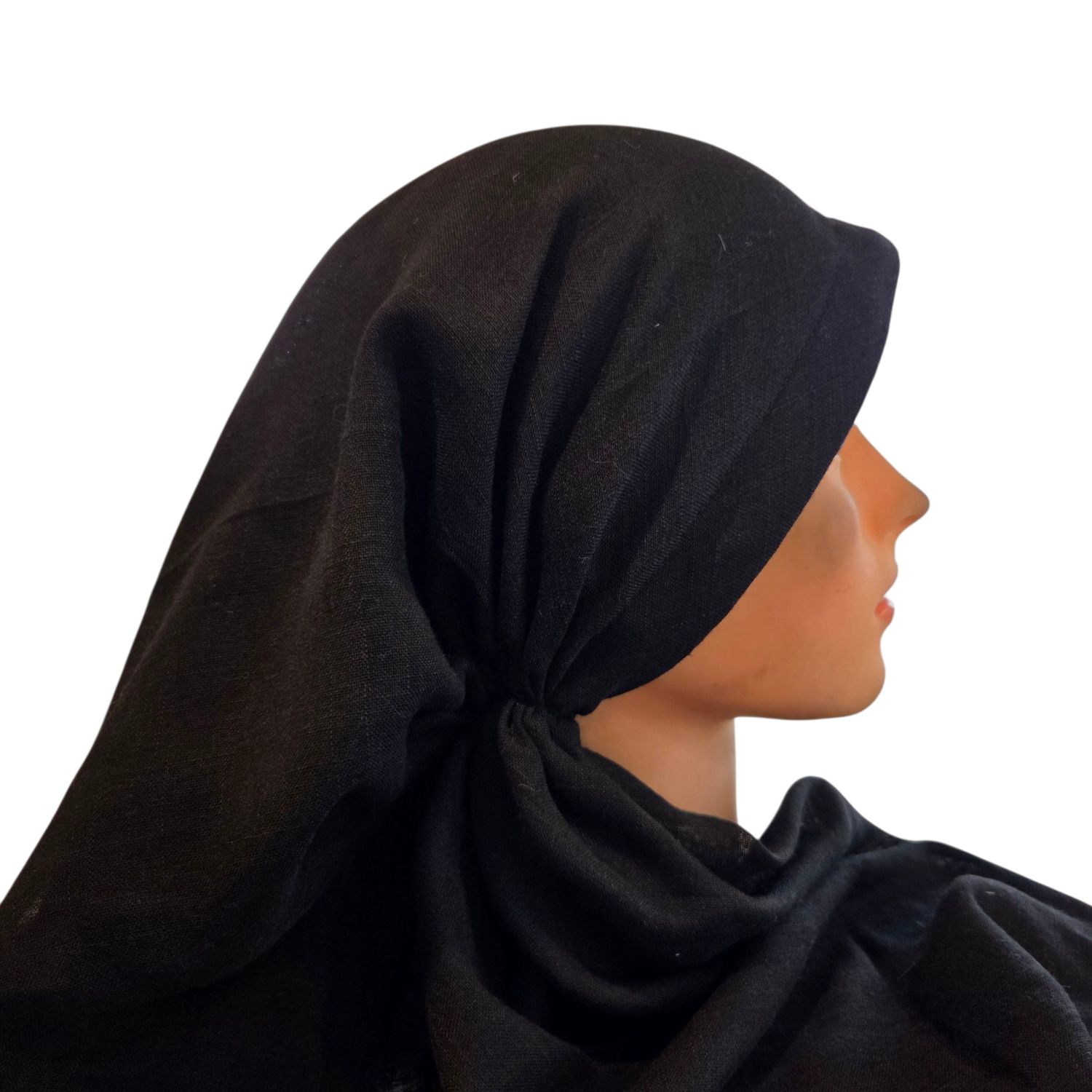 Black solid - long kerchief back - soft fringes pretied tichel (BBS) w/band sewn in