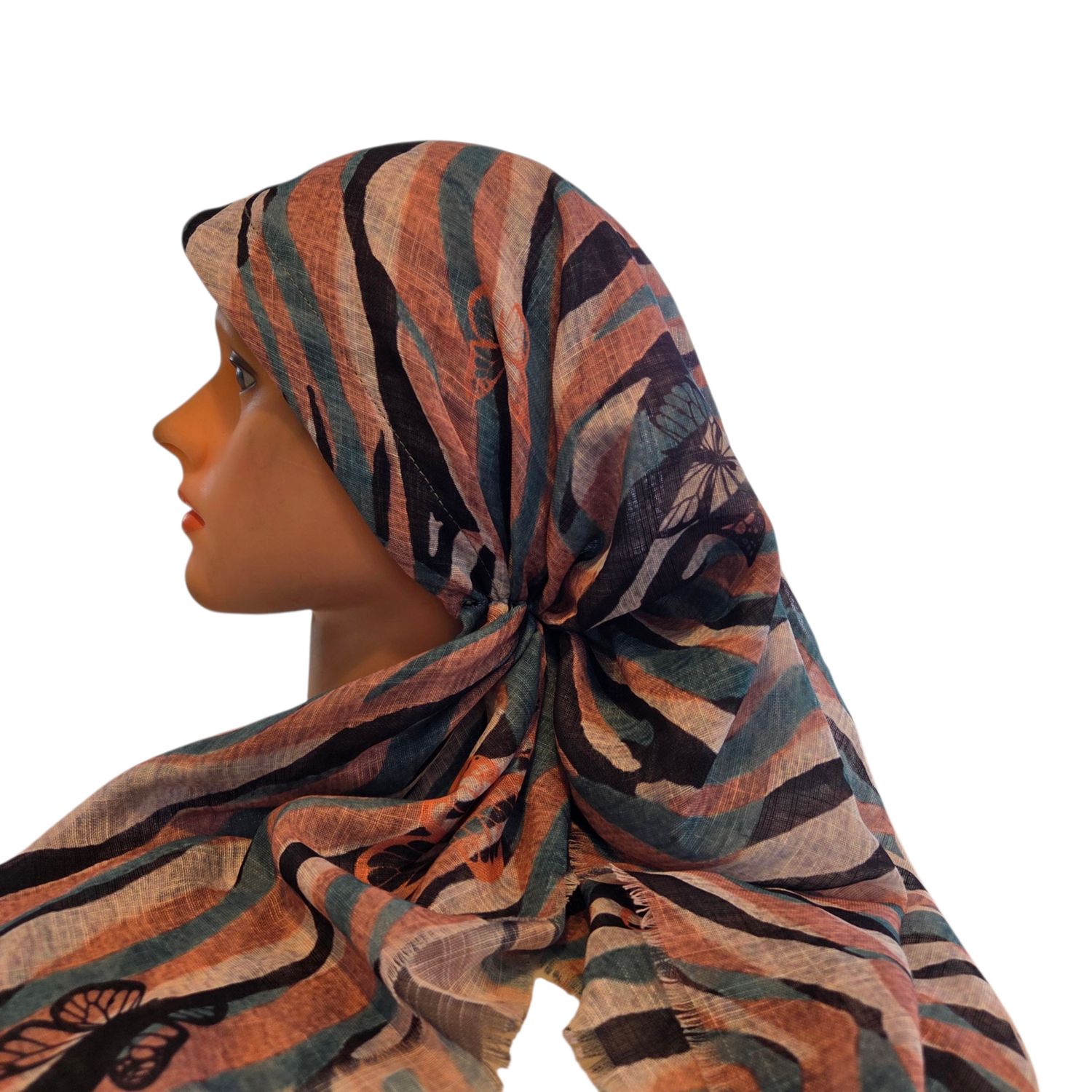 Sea green/black - long kerchief back - soft fringes pretied tichel (BBS) w/band sewn in