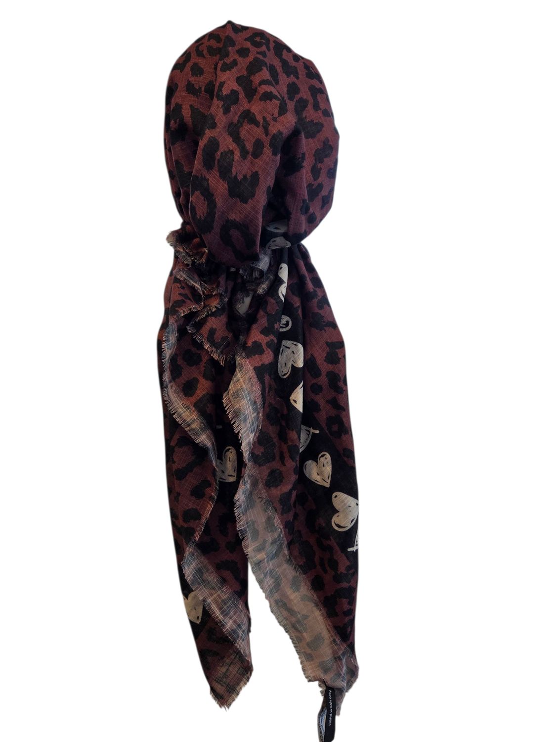 Brown leopard w/hearts - soft fringes pretied tichel