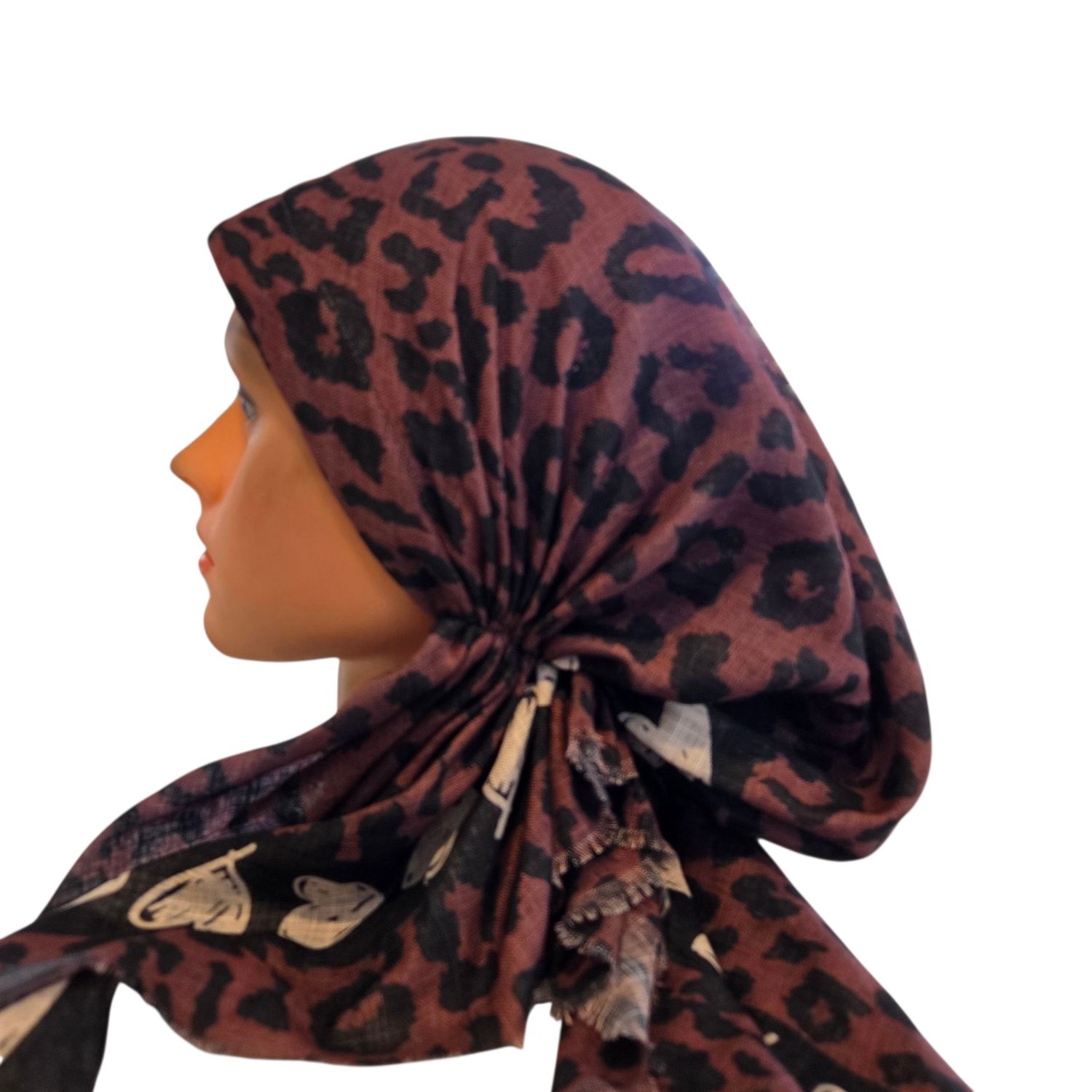 Brown leopard w/hearts - soft fringes pretied tichel
