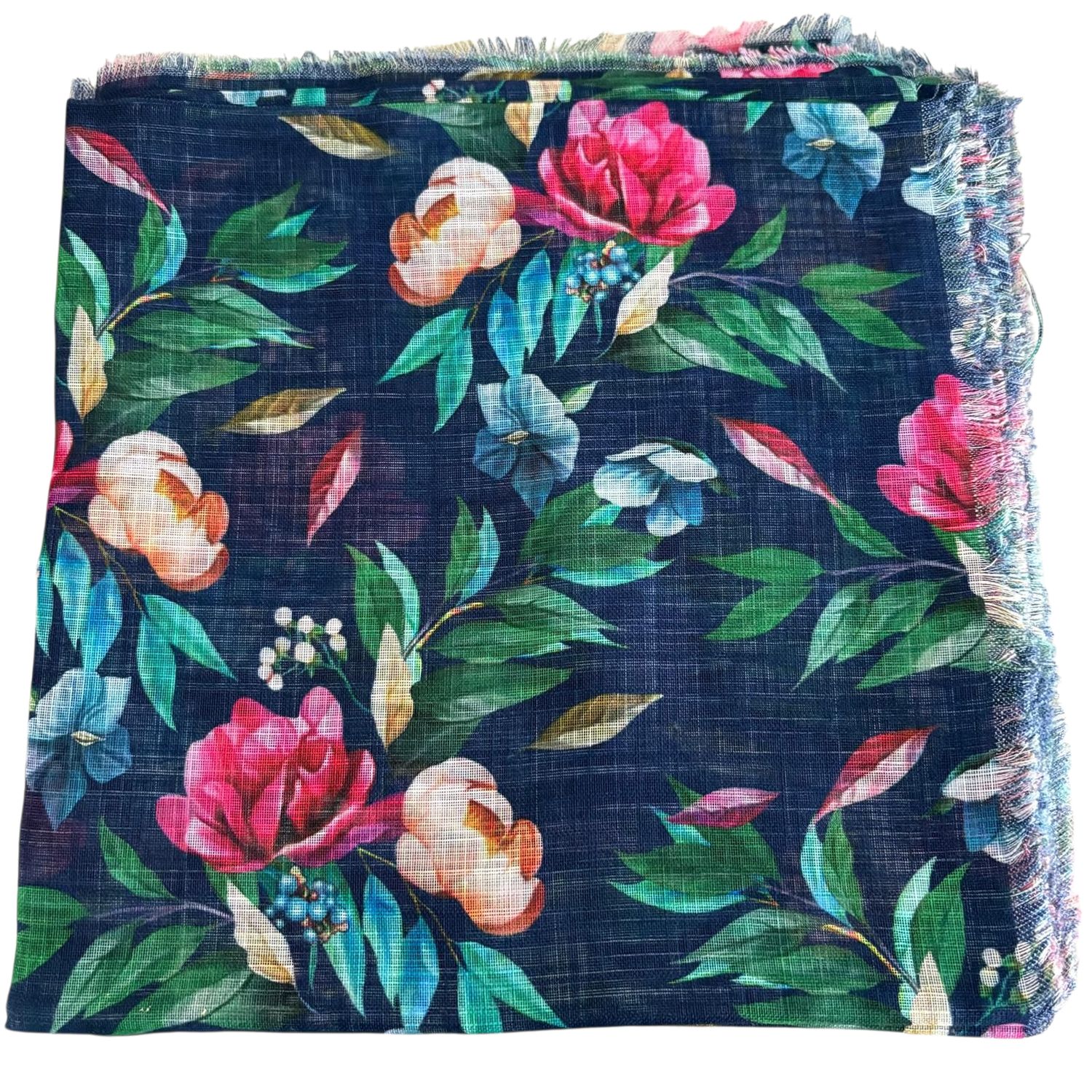 Navy/green - Soft fringes tichel - pretty floral pattern