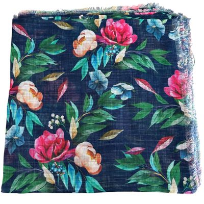 Navy/green - Soft fringes tichel - pretty floral pattern