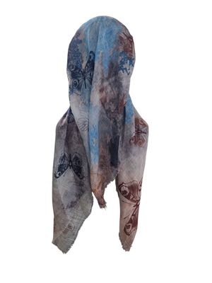 Light blue shaded butterflies - long kerchief back - soft fringes pretied tichel (BBS) w/band sewn in