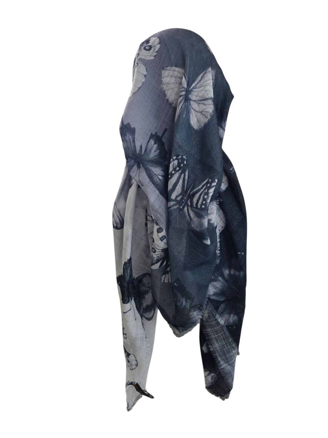Gray shaded butterflies - long kerchief back - soft fringes pretied tichel (BBS) w/band sewn in