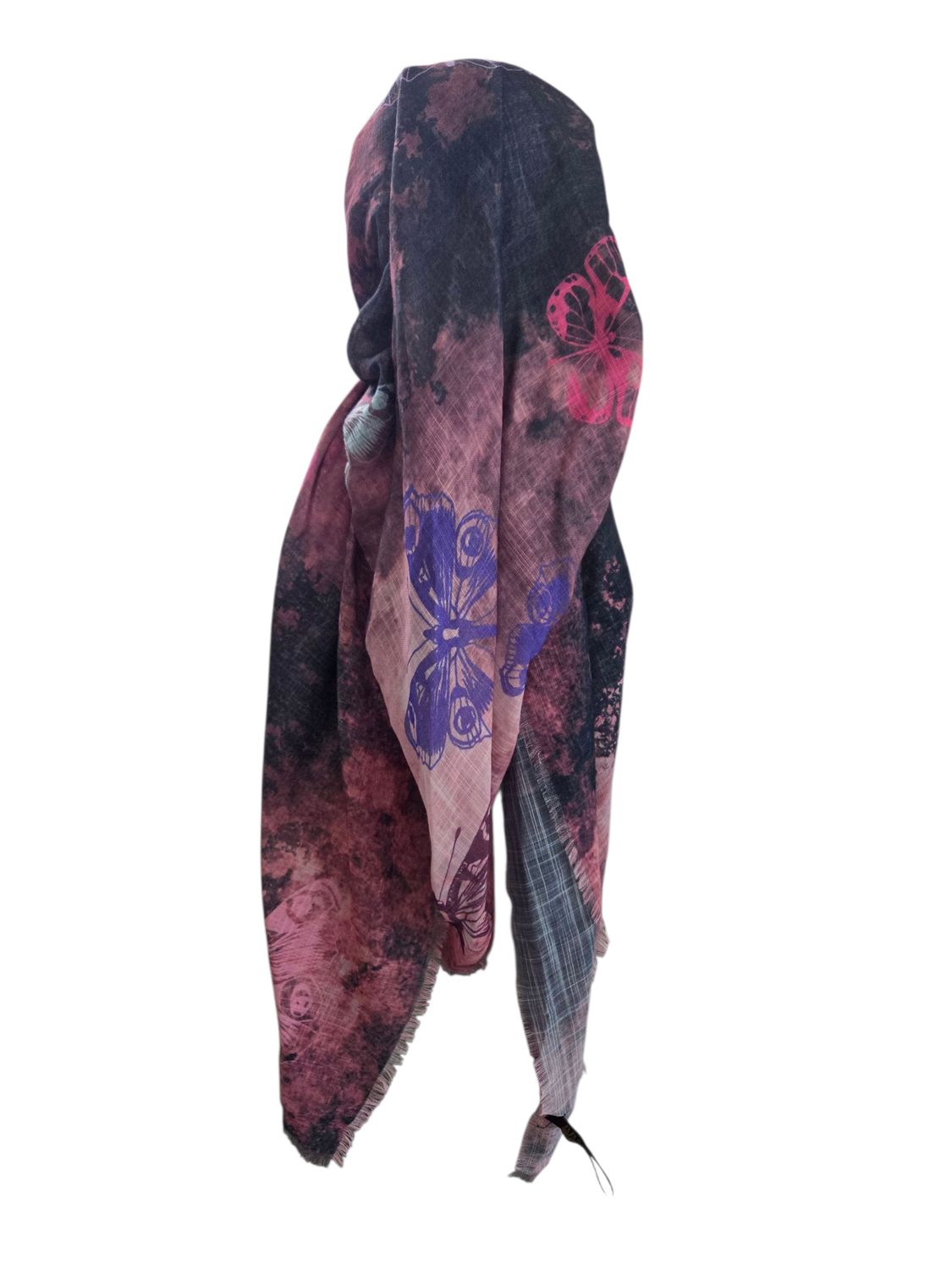 Peachy shaded butterflies - long kerchief back - soft fringes pretied tichel (BBS) w/band sewn in