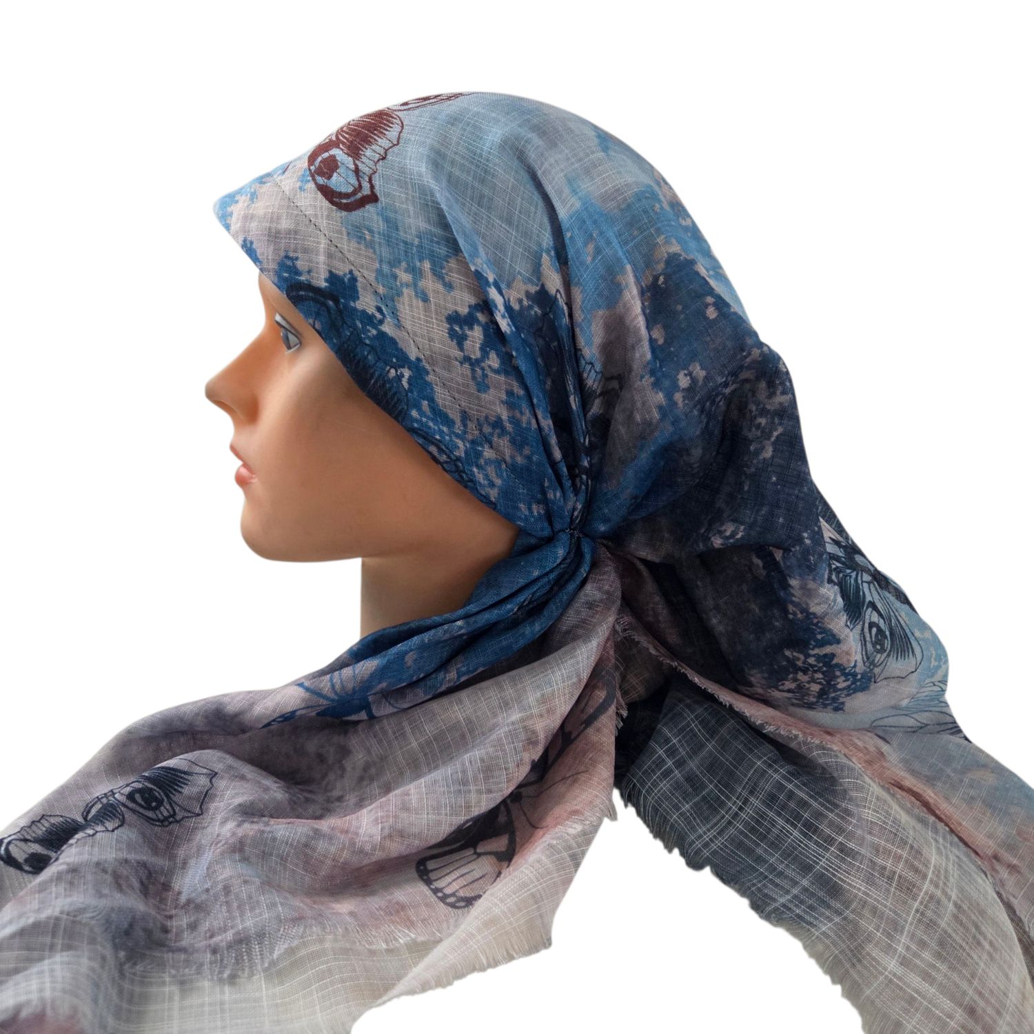 Light blue shaded butterflies - long kerchief back - soft fringes pretied tichel (BBS) w/band sewn in