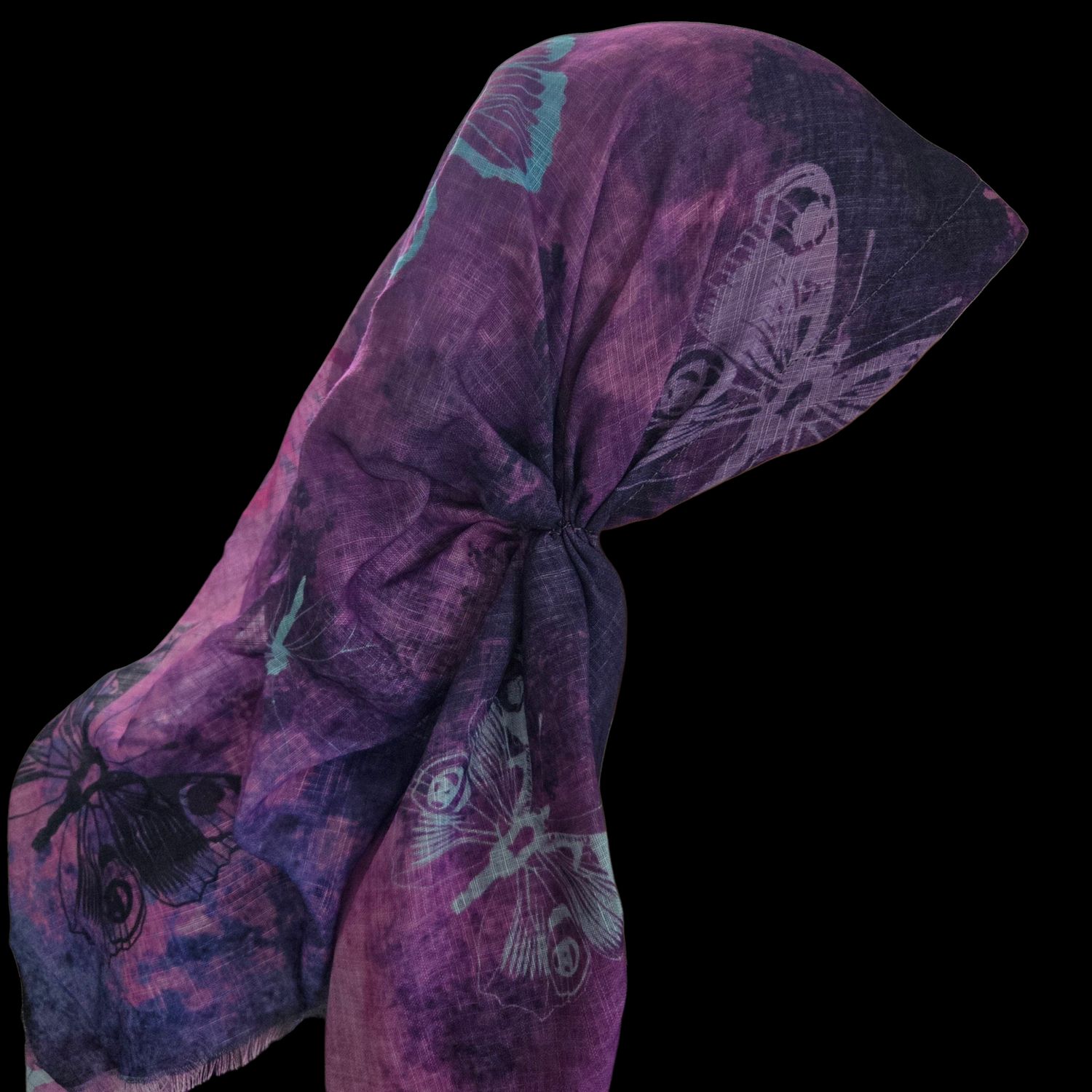 Purples shaded butterflies - long kerchief back - soft fringes pretied tichel (BBS) w/band sewn in