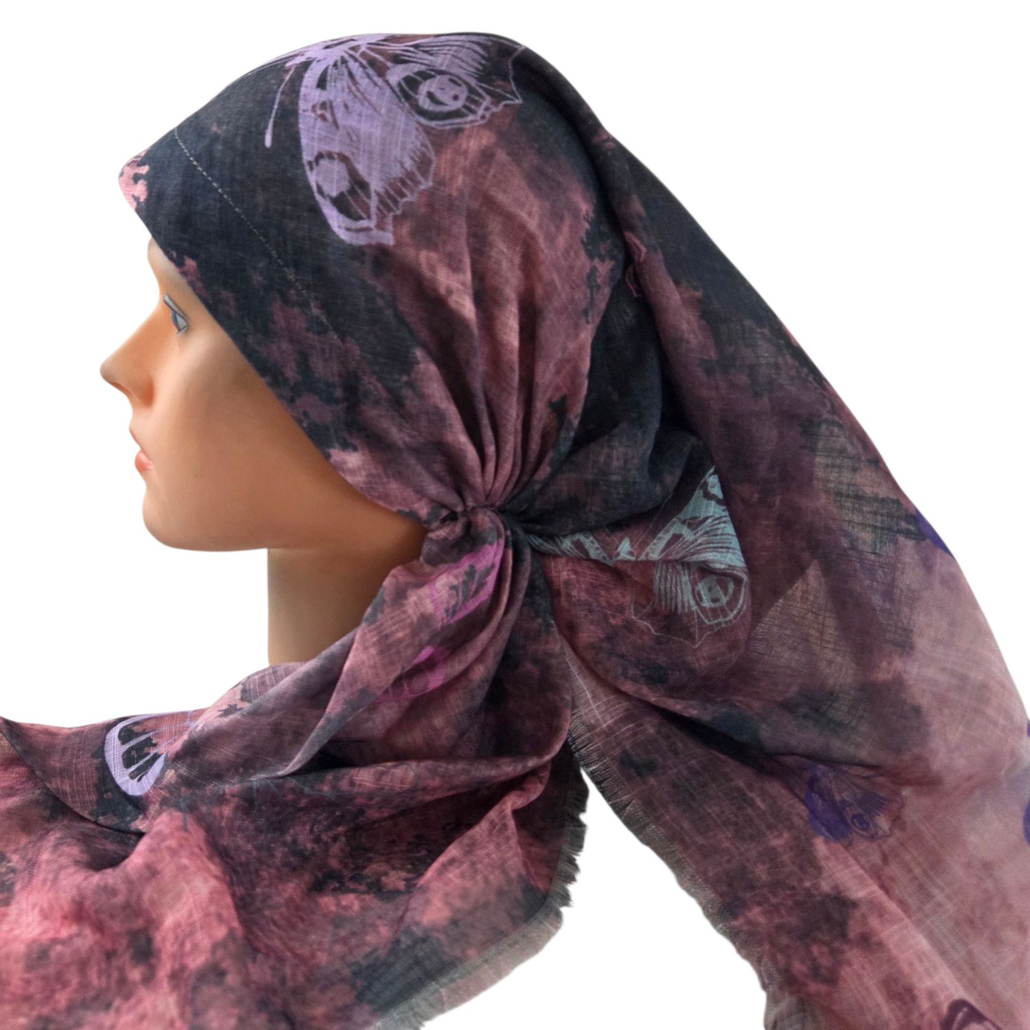 Peachy shaded butterflies - long kerchief back - soft fringes pretied tichel (BBS) w/band sewn in