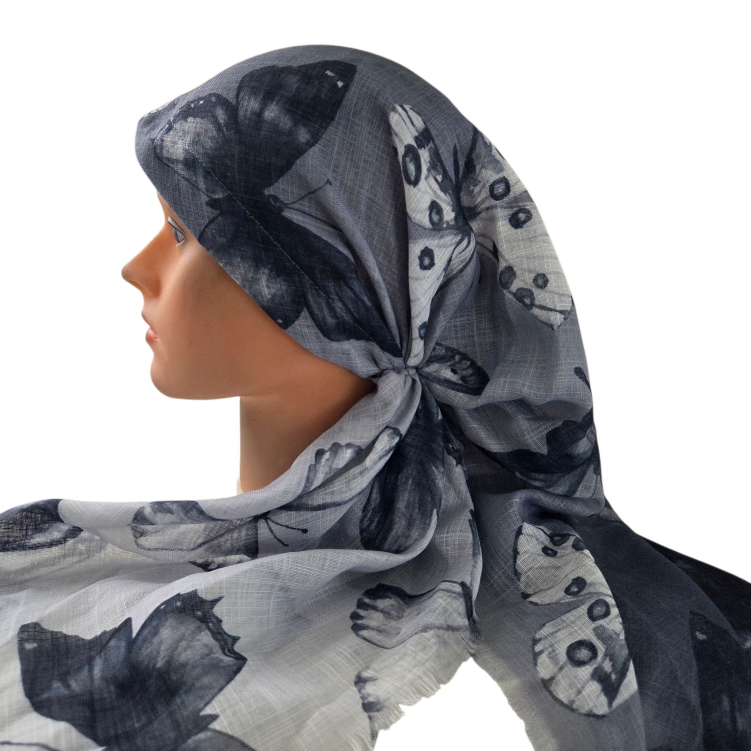 Gray shaded butterflies - long kerchief back - soft fringes pretied tichel (BBS) w/band sewn in