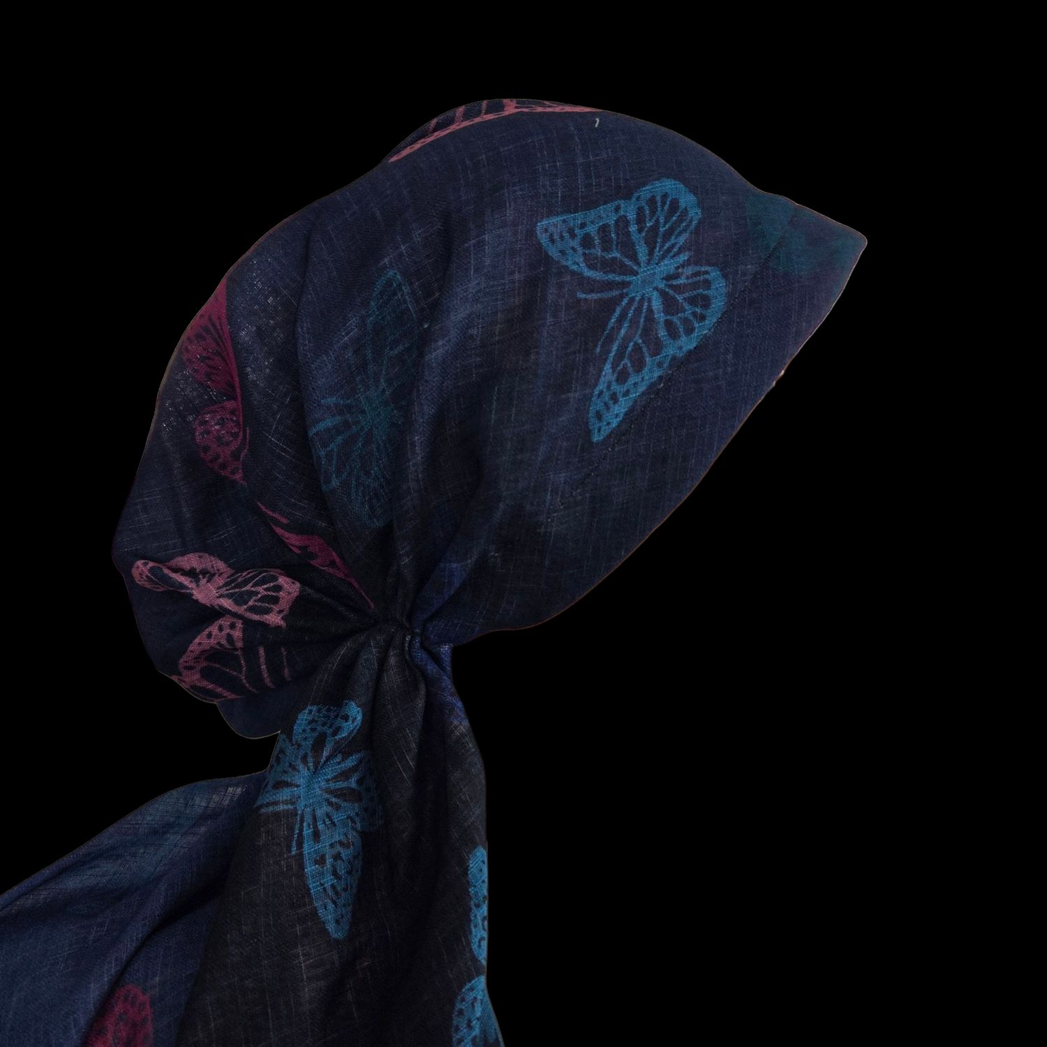 Denim shaded w/butterflies - soft fringes pretied tichel