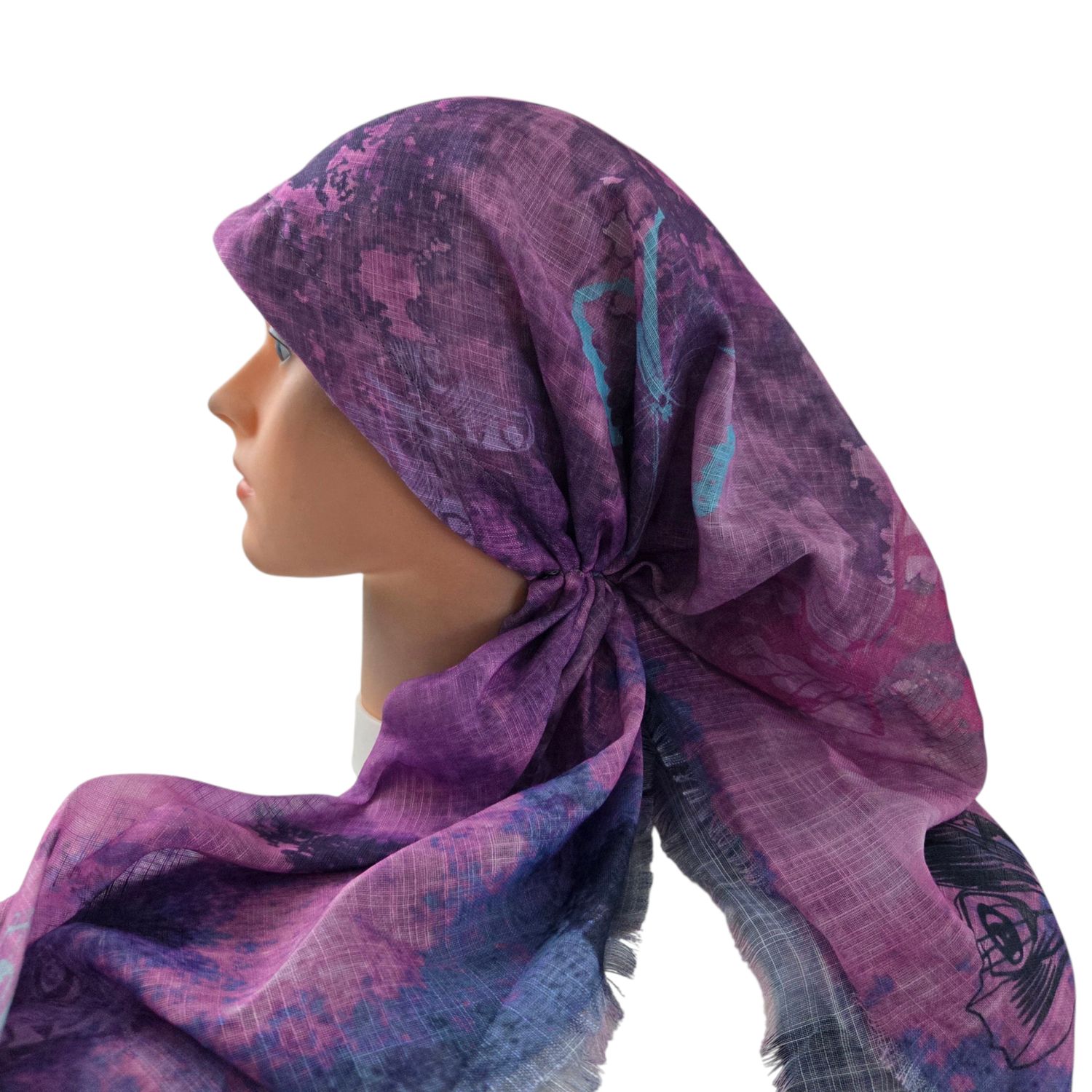 Purples shaded butterflies - long kerchief back - soft fringes pretied tichel (BBS) w/band sewn in