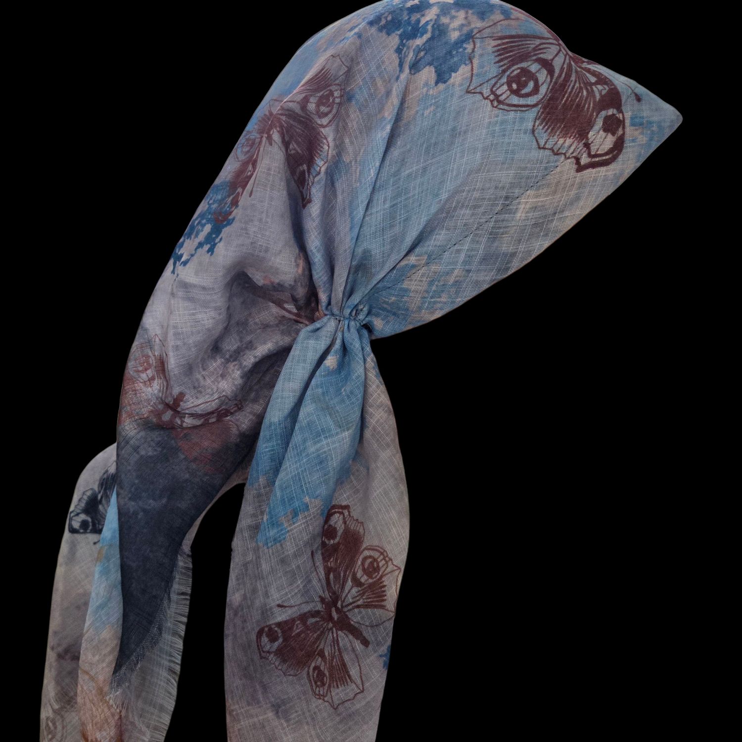 Light blue shaded butterflies - long kerchief back - soft fringes pretied tichel (BBS) w/band sewn in
