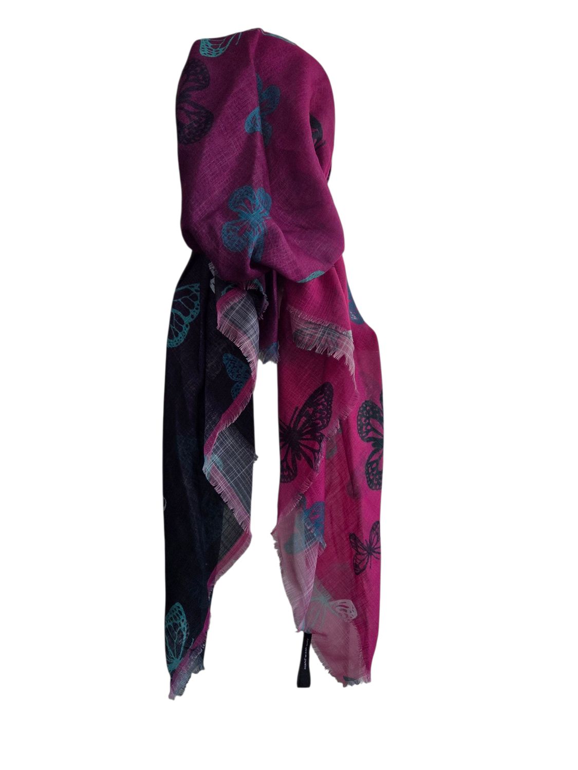 Fuchsia shaded w/butterflies - soft fringes pretied tichel