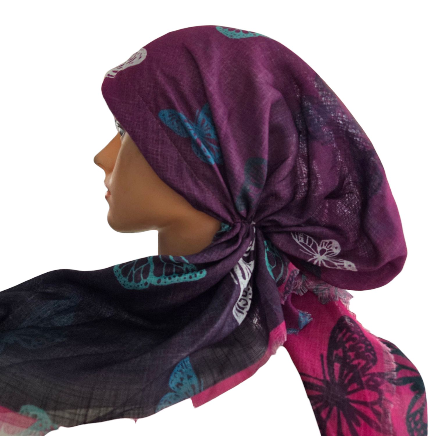 Orchid shaded w/butterflies - soft fringes pretied tichel