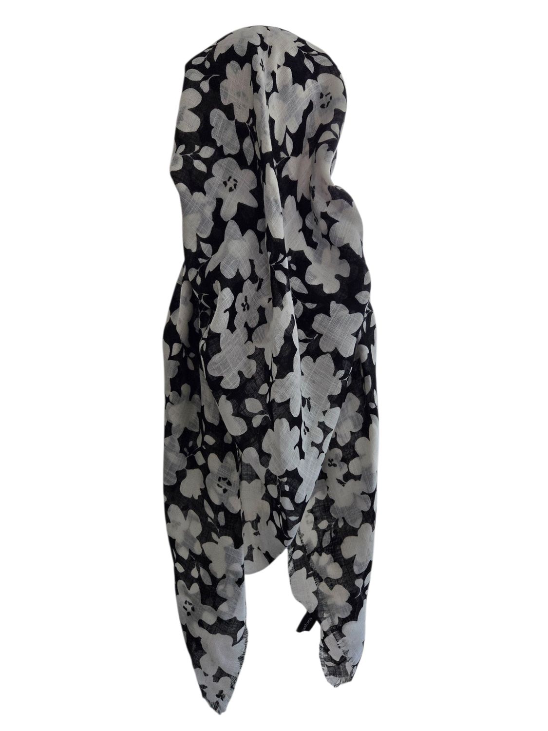 Black and white floral - long kerchief back - soft fringes pretied tichel (BBS) w/band sewn in
