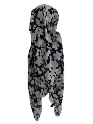 Black and white floral - long kerchief back - soft fringes pretied tichel (BBS) w/band sewn in