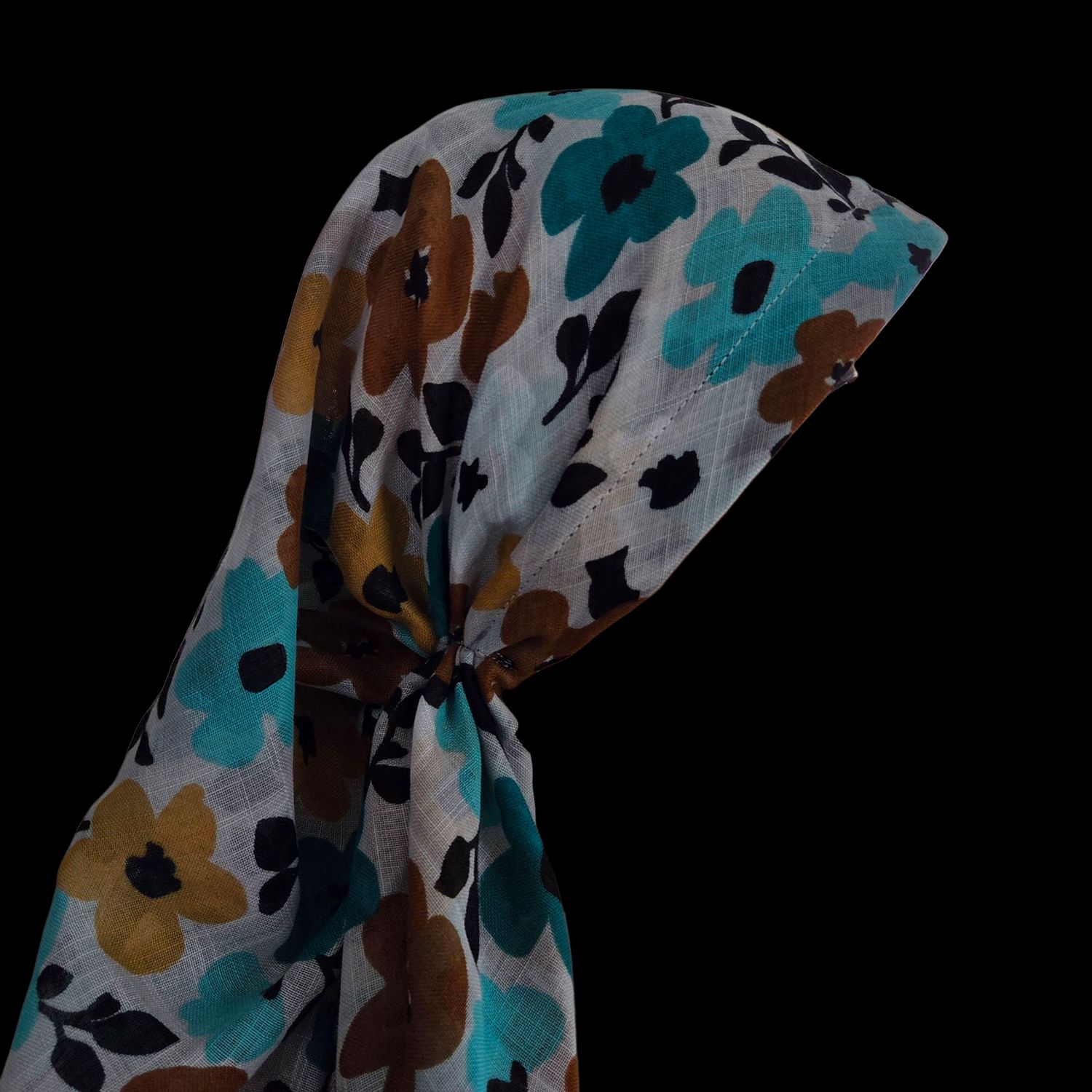 Turquoise n'more floral - long kerchief back - soft fringes pretied tichel (BBS) w/band sewn in