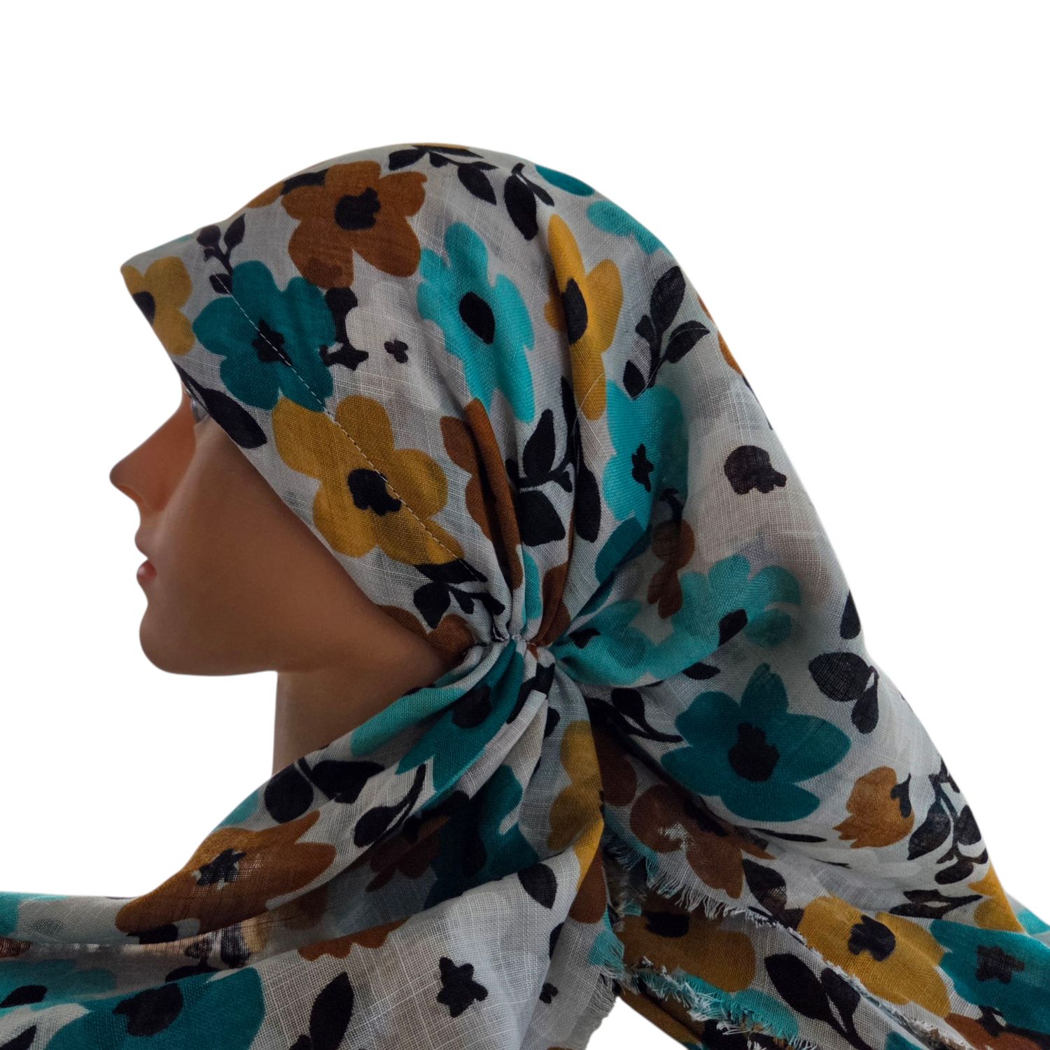 Turquoise n'more floral - long kerchief back - soft fringes pretied tichel (BBS) w/band sewn in