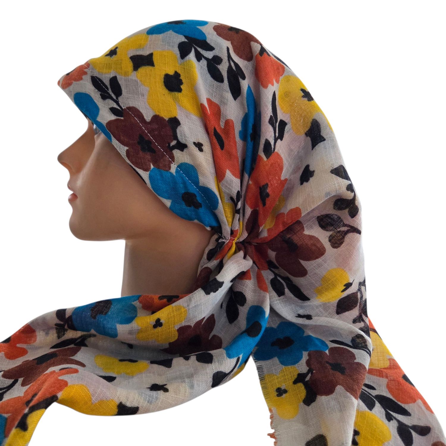 Pumpkin n'more floral - long kerchief back - soft fringes pretied tichel (BBS) w/band sewn in