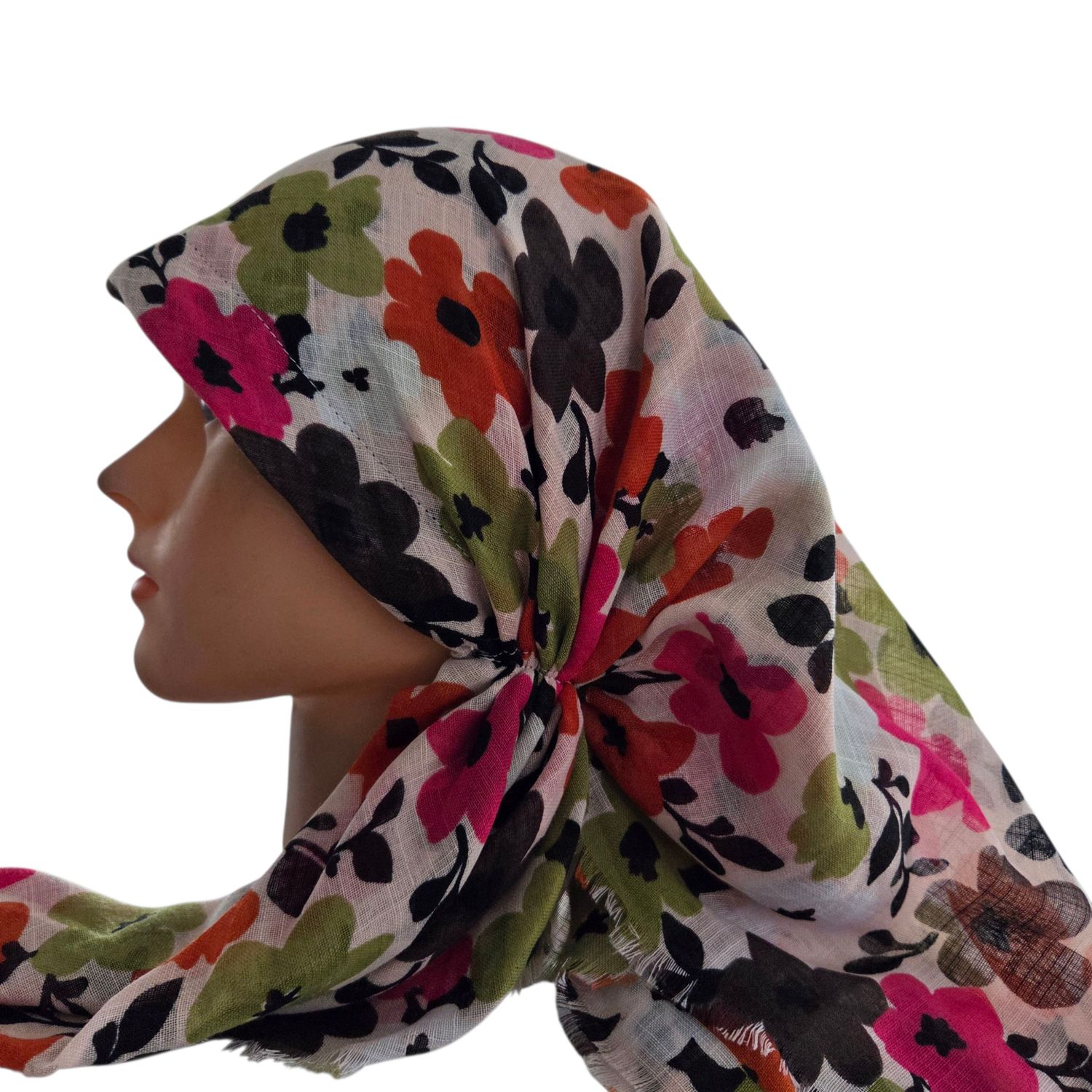 Green n'more floral - long kerchief back - soft fringes pretied tichel (BBS) w/band sewn in