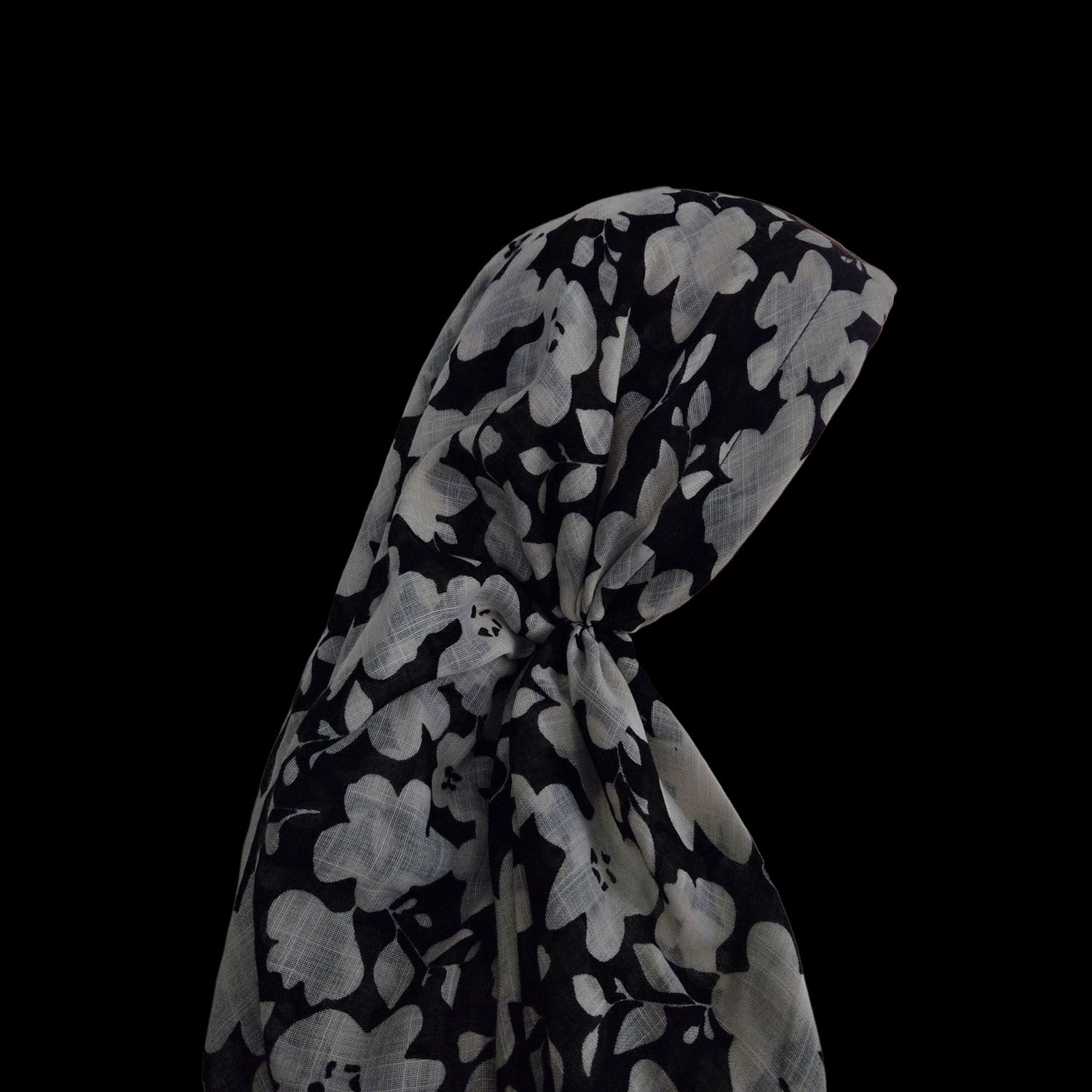 Black and white floral - long kerchief back - soft fringes pretied tichel (BBS) w/band sewn in