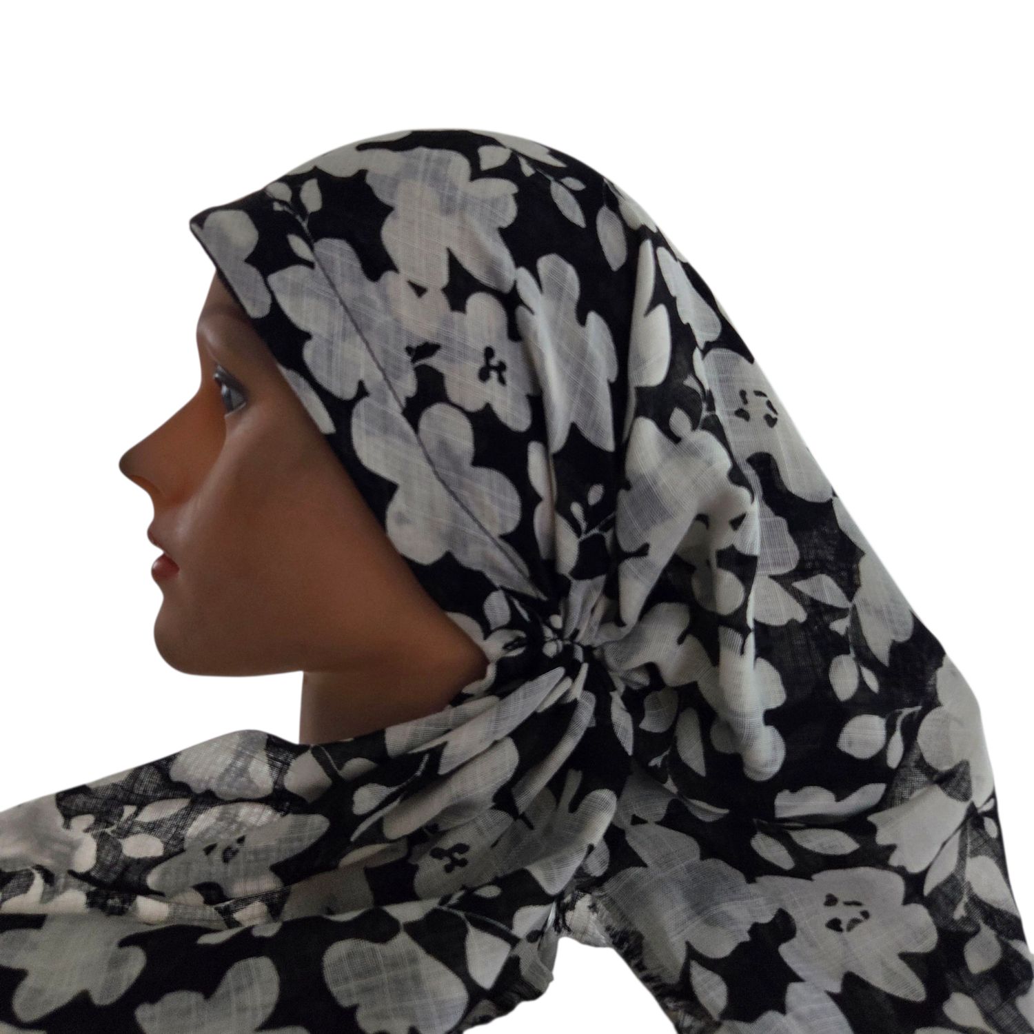 Black and white floral - long kerchief back - soft fringes pretied tichel (BBS) w/band sewn in