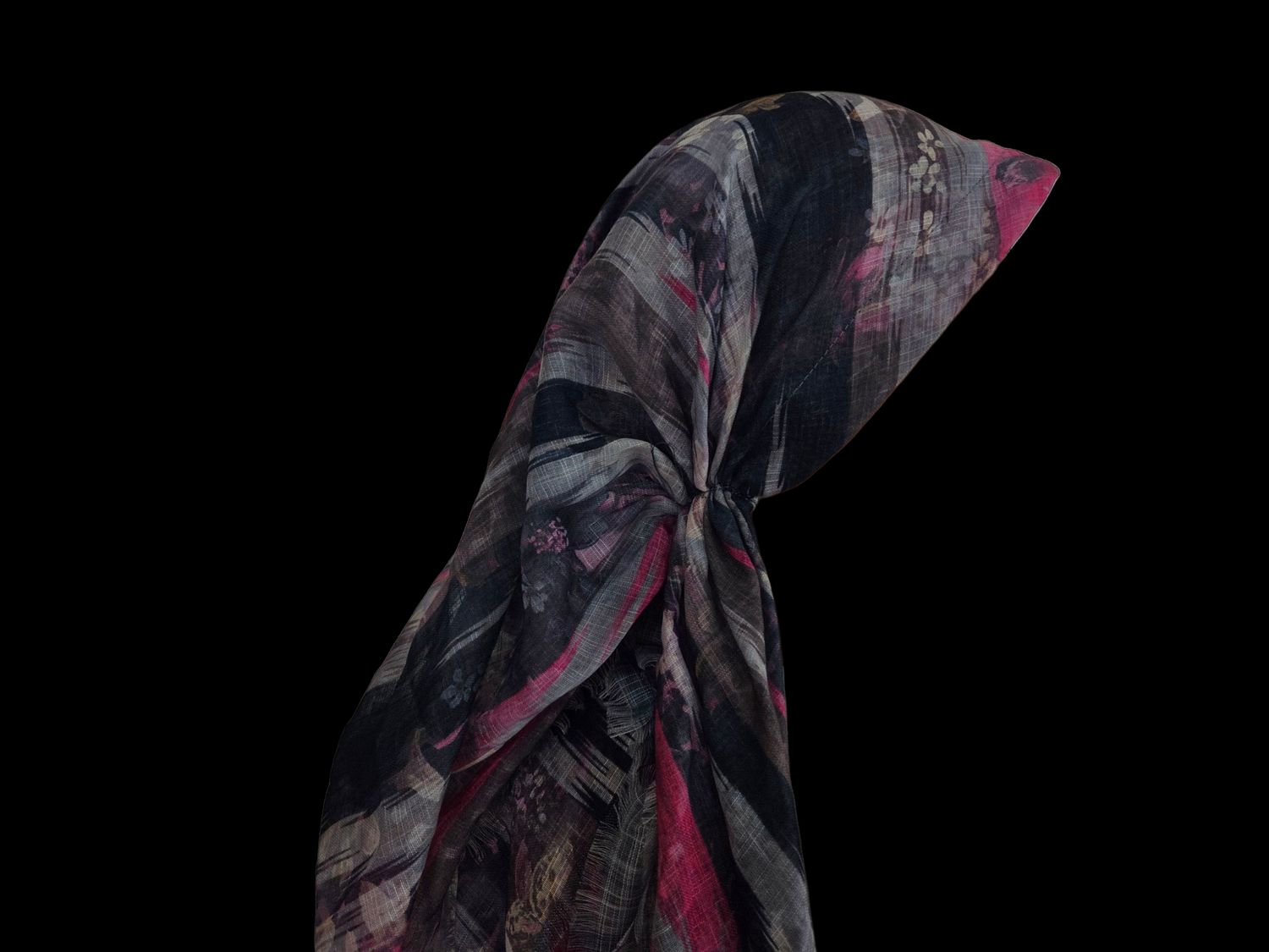 Pink/gray multicolored- long kerchief back - soft fringes pretied tichel (BBS) w/band sewn in