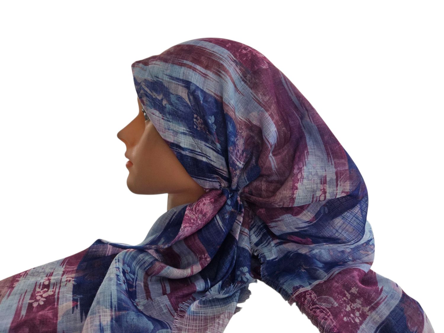 Blue multicolored- long kerchief back - soft fringes pretied tichel (BBS) w/band sewn in