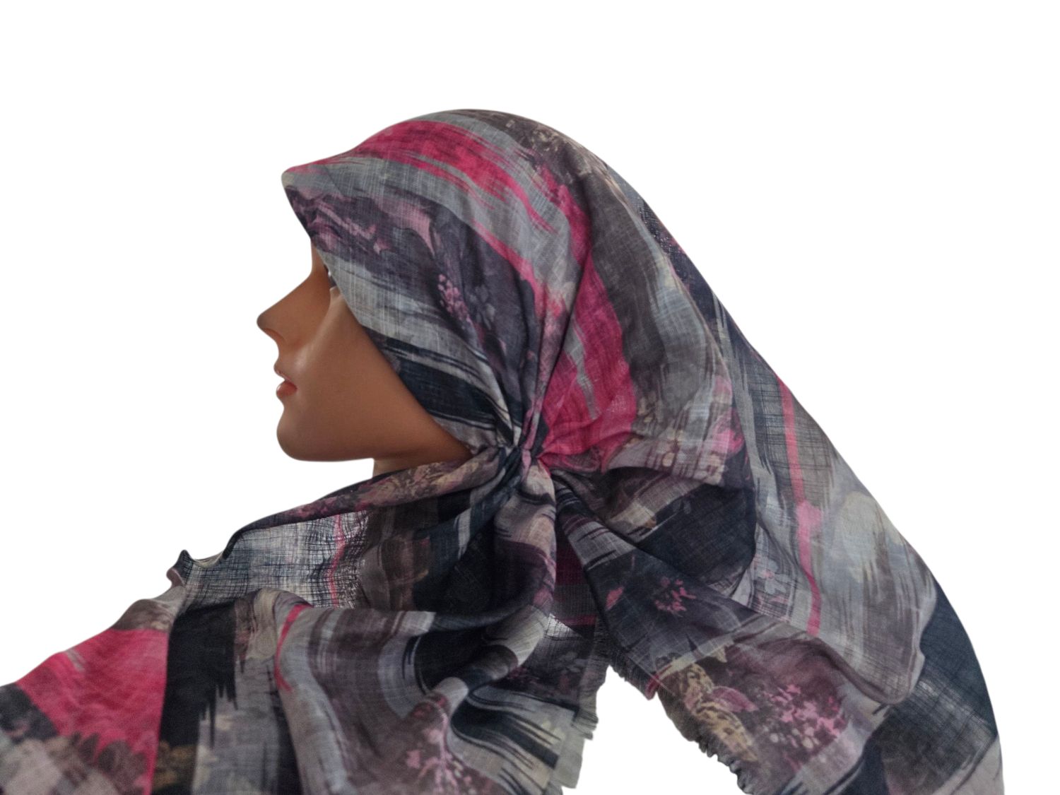 Pink/gray multicolored- long kerchief back - soft fringes pretied tichel (BBS) w/band sewn in