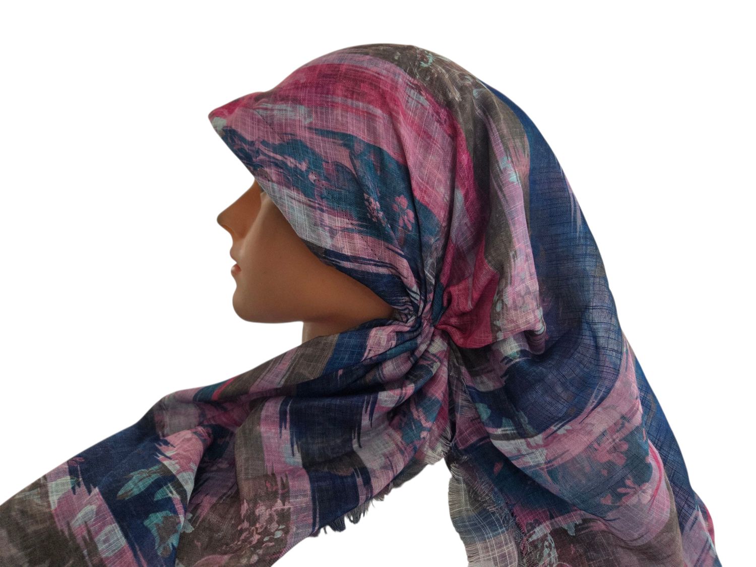 Pink/blue multicolored- long kerchief back - soft fringes pretied tichel (BBS) w/band sewn in