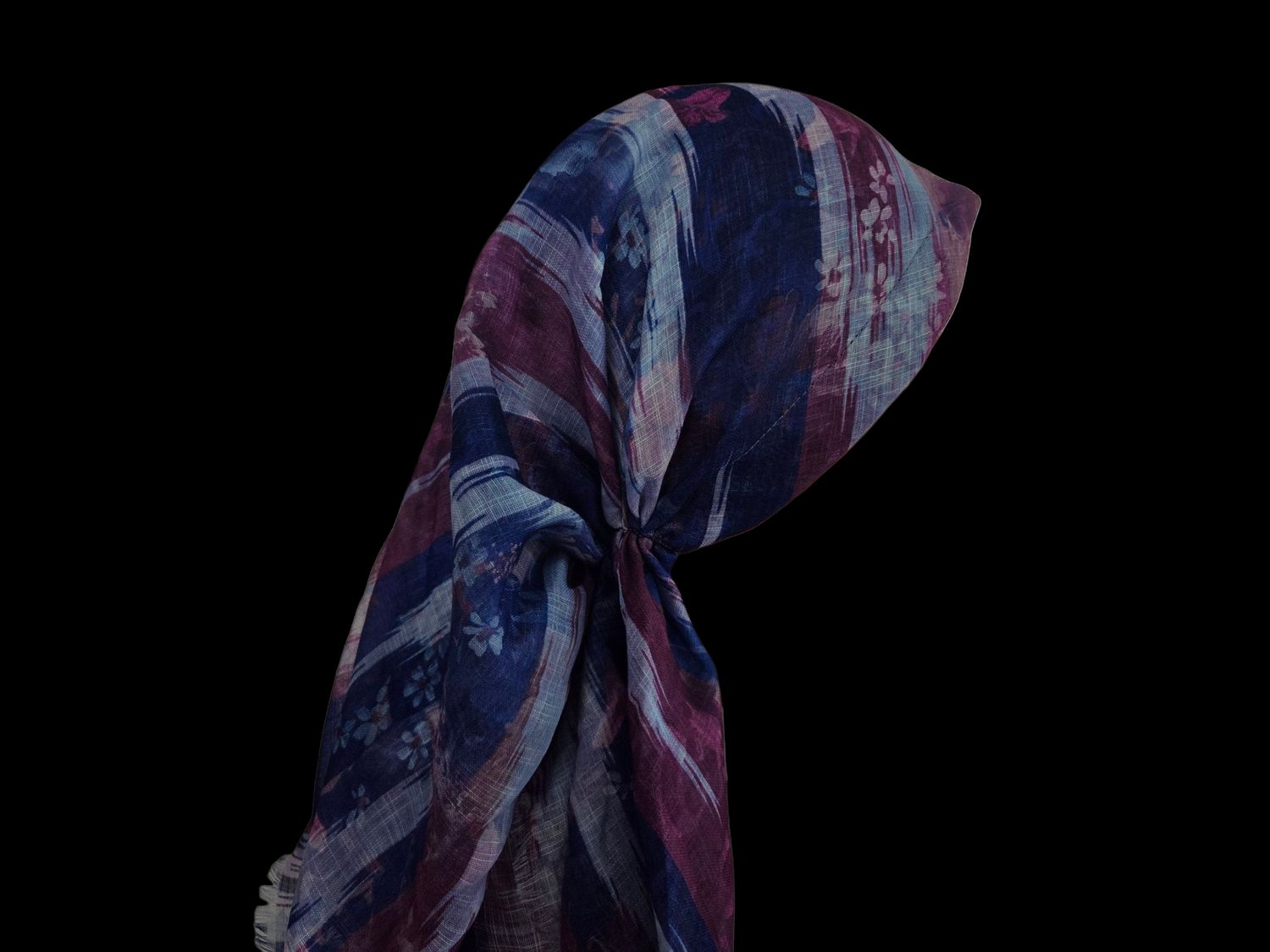 Blue multicolored- long kerchief back - soft fringes pretied tichel (BBS) w/band sewn in