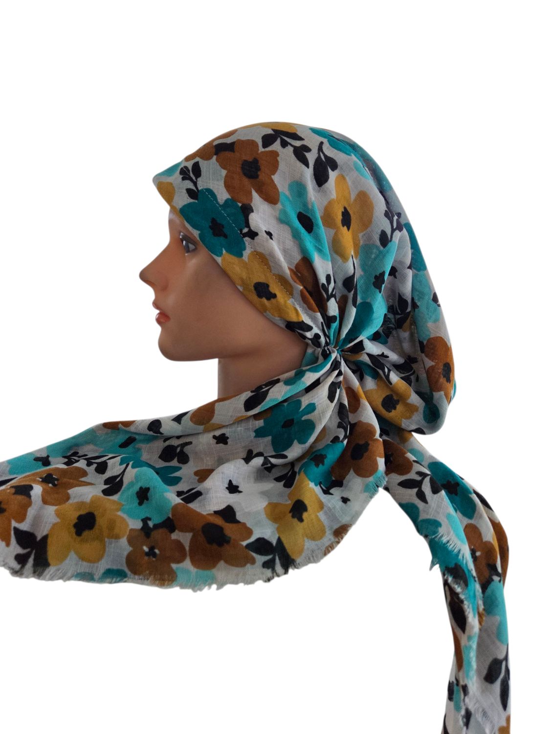 Turquoise seasonally colored floral - soft fringes pretied tichel