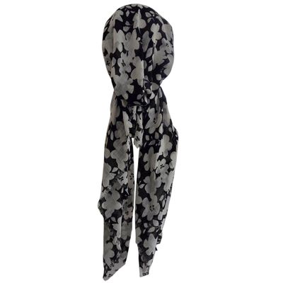 Black/white seasonally colored floral - soft fringes pretied tichel