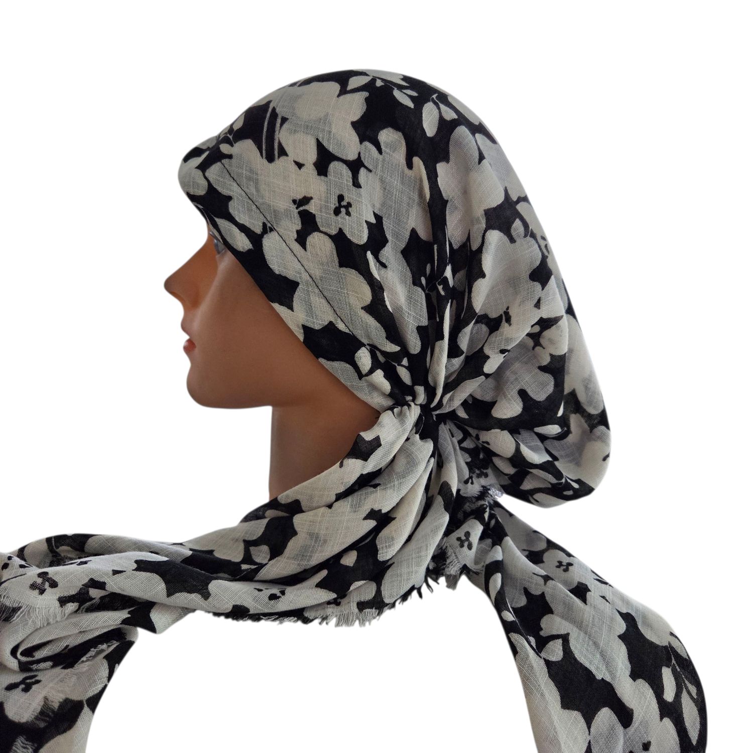 Black/white seasonally colored floral - soft fringes pretied tichel