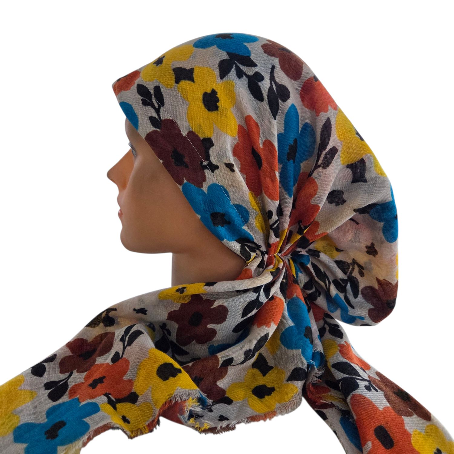 Pumpkin seasonally colored floral - soft fringes pretied tichel