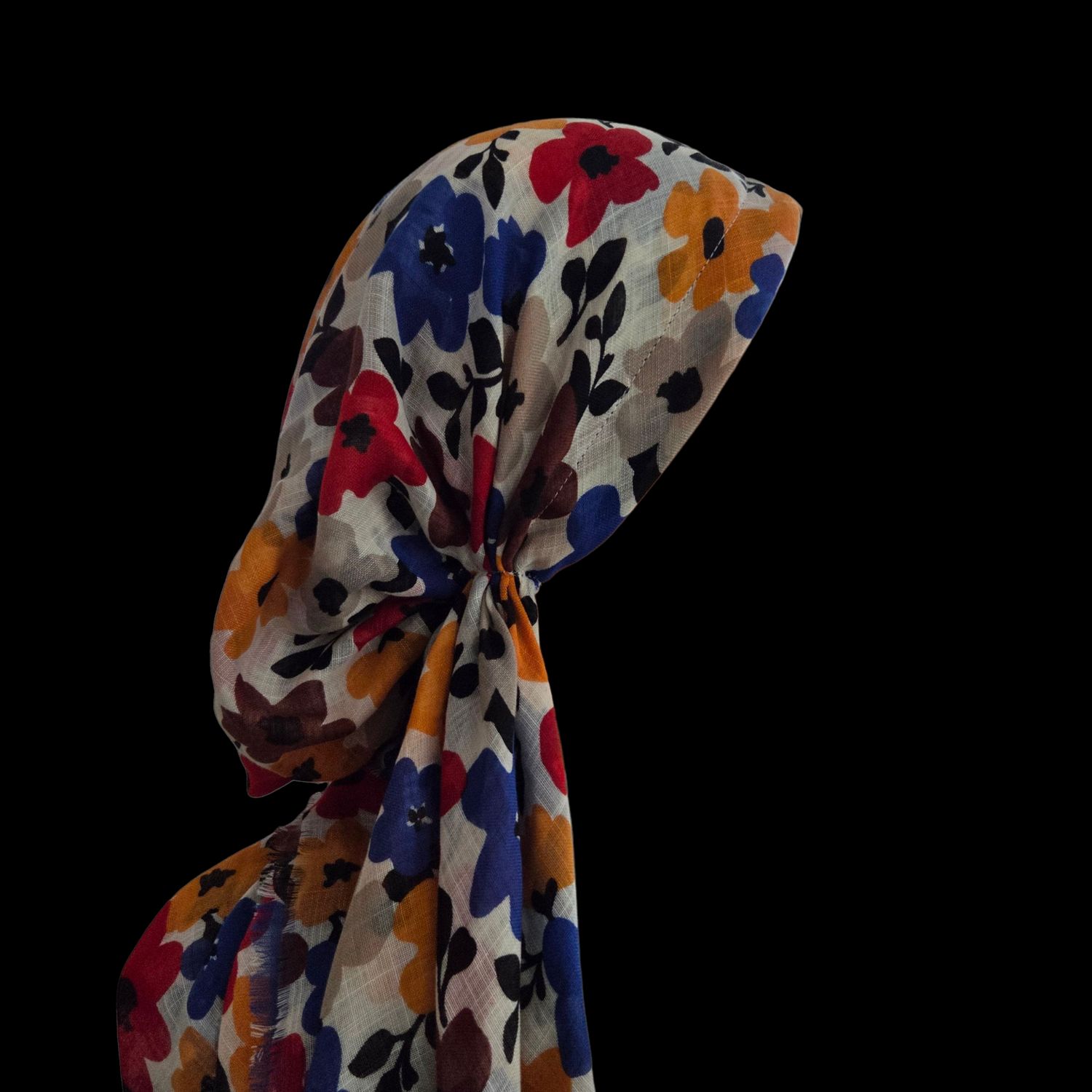 Blue seasonally colored floral - soft fringes pretied tichel