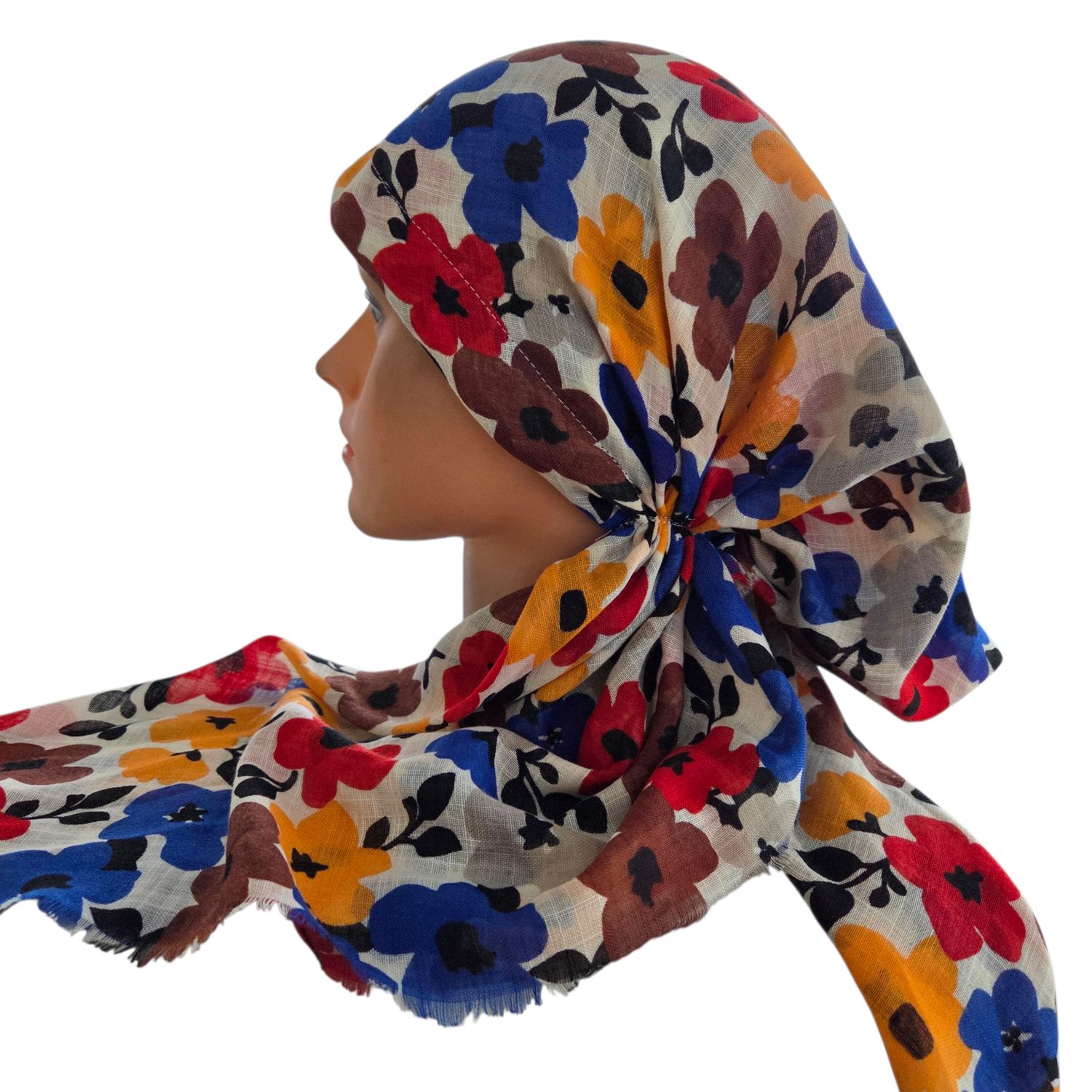 Blue seasonally colored floral - soft fringes pretied tichel