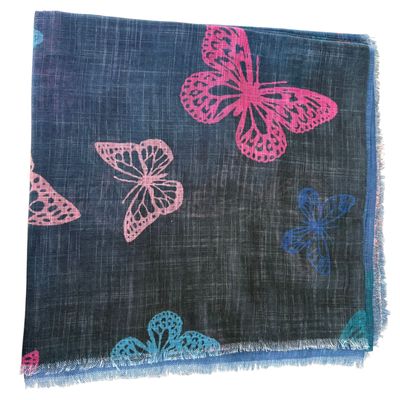 Dark blue - shaded butterflies patterned -  soft fringed tichel