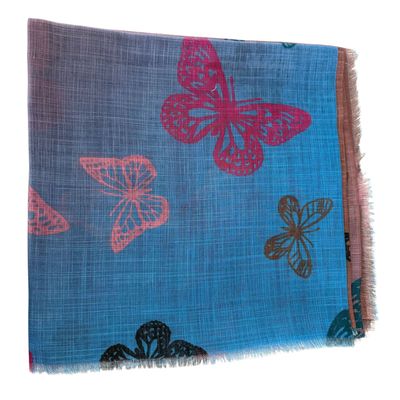 Sky blue - shaded butterflies patterned -  soft fringed tichel